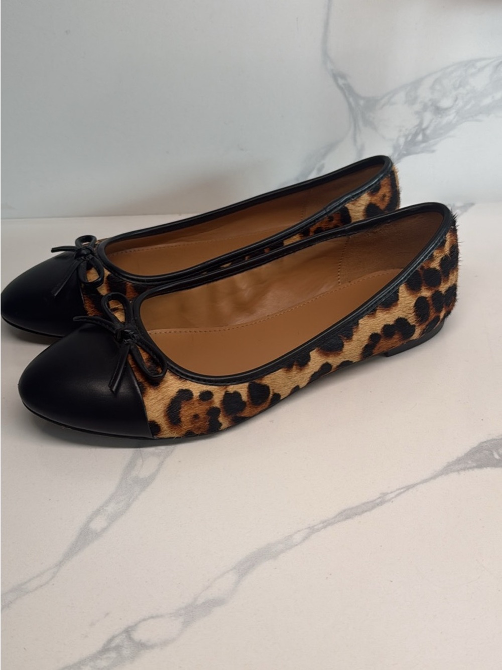 J. Crew Leopard Print Ballet Flats with Black Toe and Bow